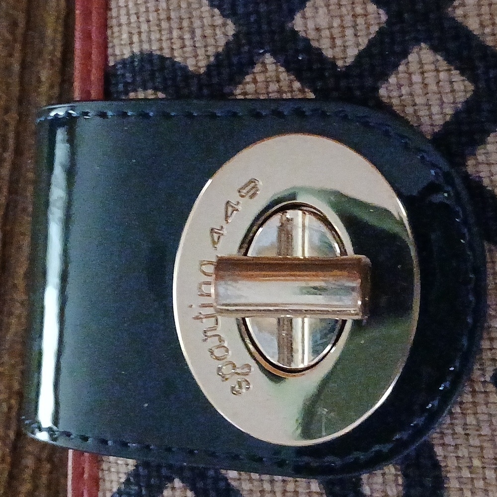 Spartina 449 Twist-Lock Burlap Fabric and Leather Wallet ■ Neutral with Red Trim - Picture 4 of 7